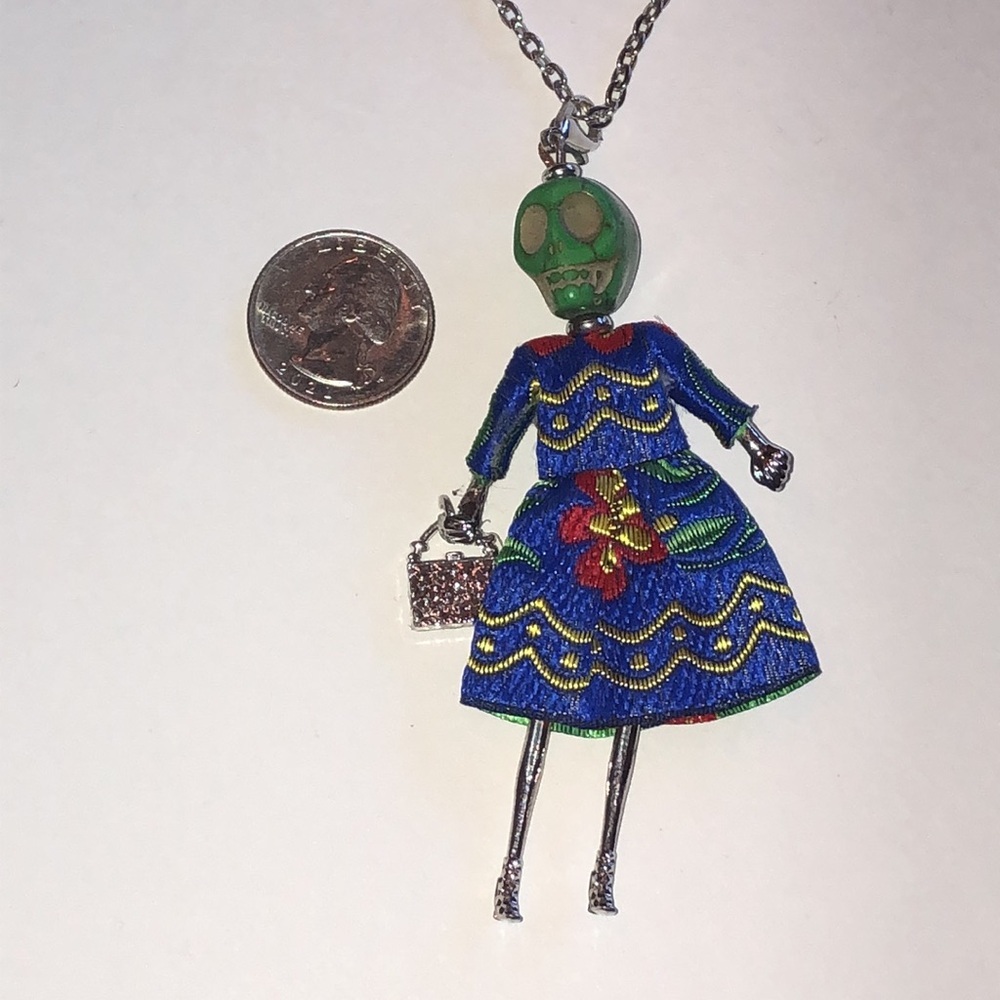 Unique Blue and Green Skull Lady In Dress Boho Pendant Necklace - Picture 4 of 6